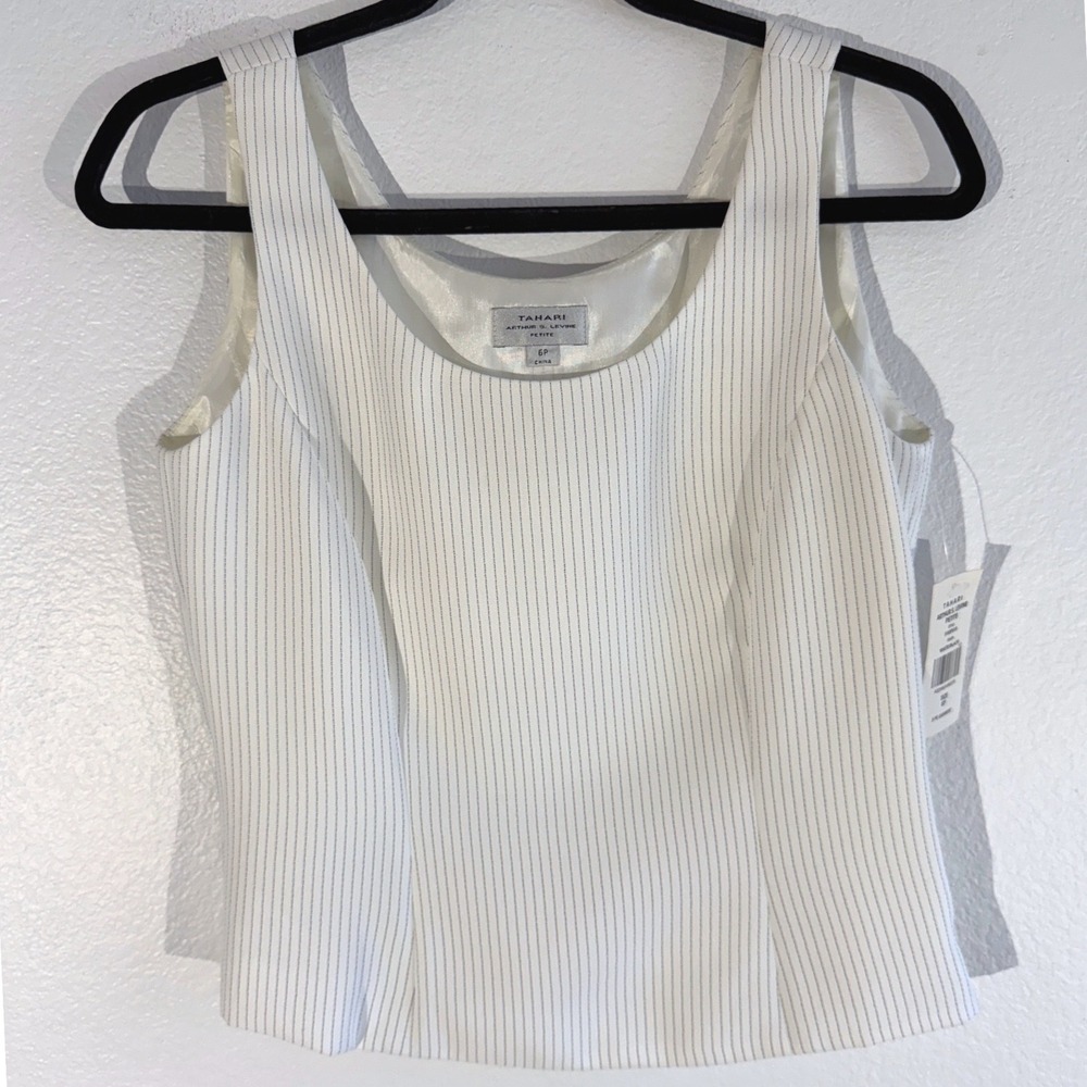 Tahari Arthur S Levine Petite Top White Black Pinstripe Sleeveless Shell 6P NEW